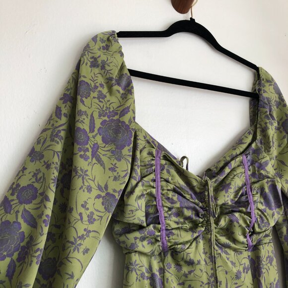 Urban Outfitters Kitty Printed Puff Sleeved Lilac Green Midi Dress - Picture 5 of 9